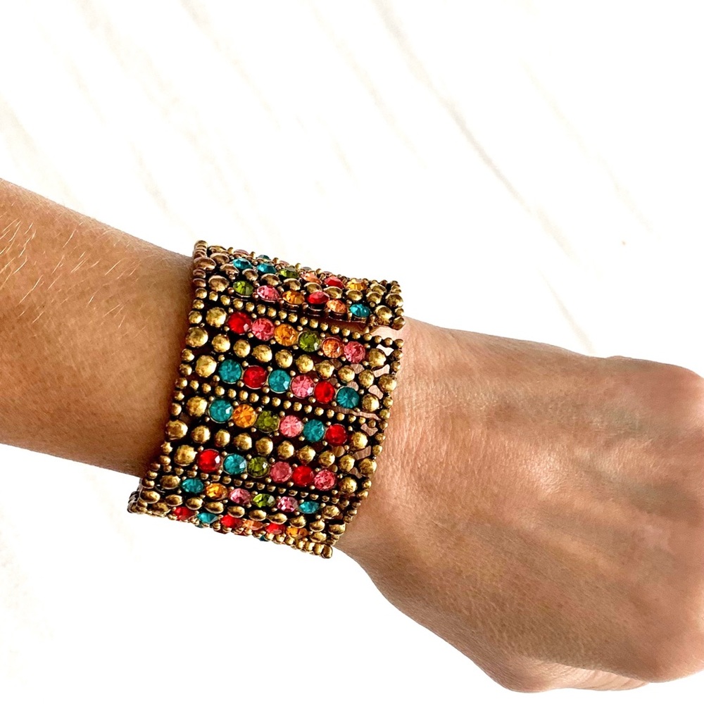 Cuff bracelet with multi- colored rhinestones